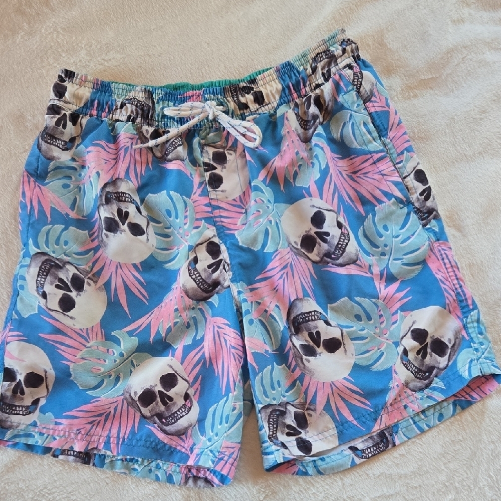 NOBO 28/30 SWIM TRUNKS DRAWSTRING BRIGHT BOLD TROPICAL SKULLS SURF SKATE BMX Y2K